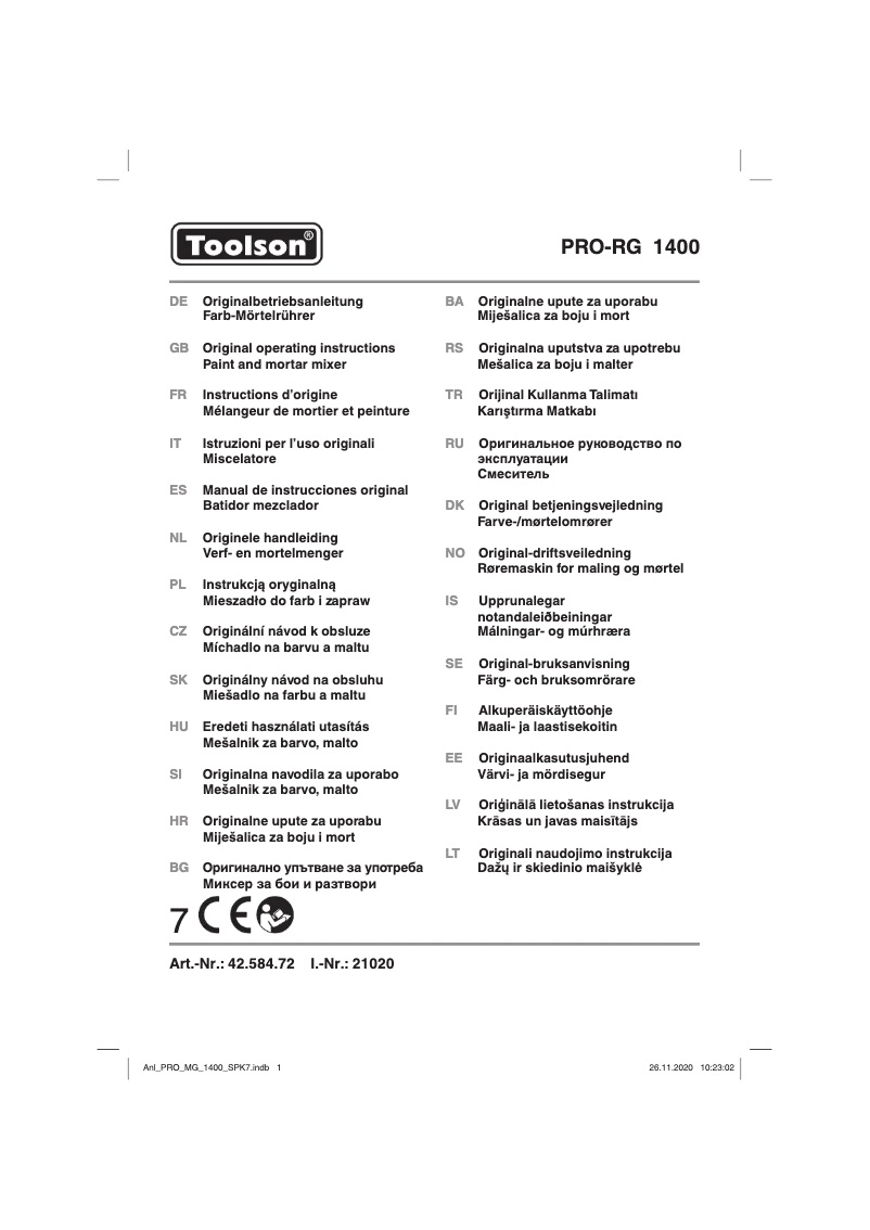 Page n°1 - Manuel utilisateur Toolson PRO-RG 1400
