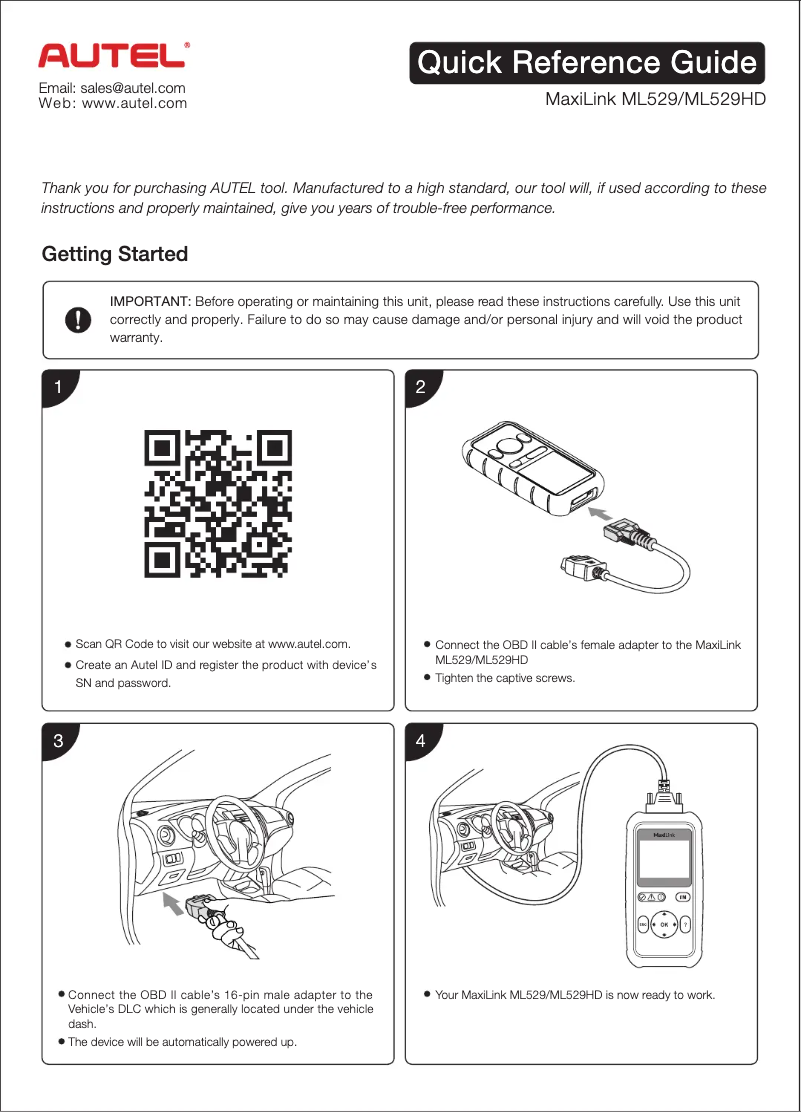 Page 1 de la notice Guide de démarrage rapide Autel MaxiLink ML529HD
