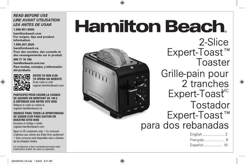Page 1 de la notice Manuel utilisateur Hamilton Beach Expert-Toast 22994