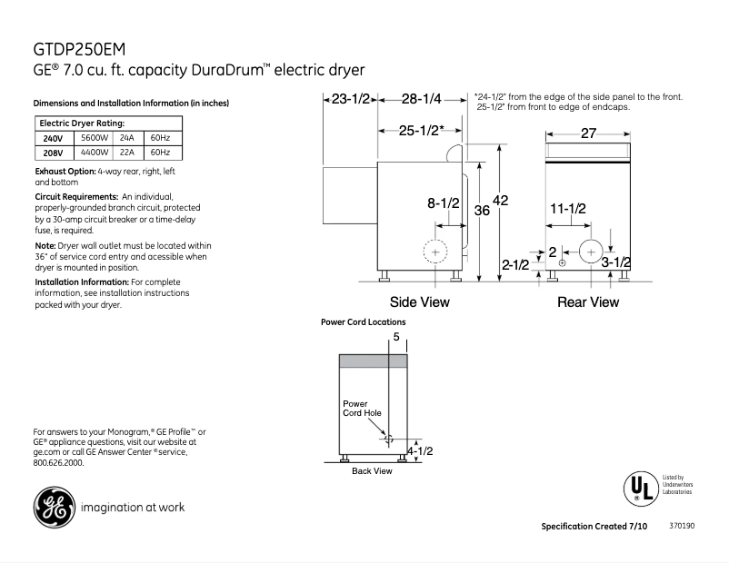 Page n°1 - Fiche technique GE GTDP250EMWW