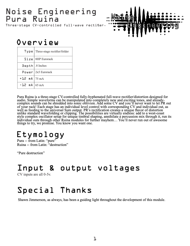 Page n°1 - Manuel utilisateur Noise Engineering Pura Ruina