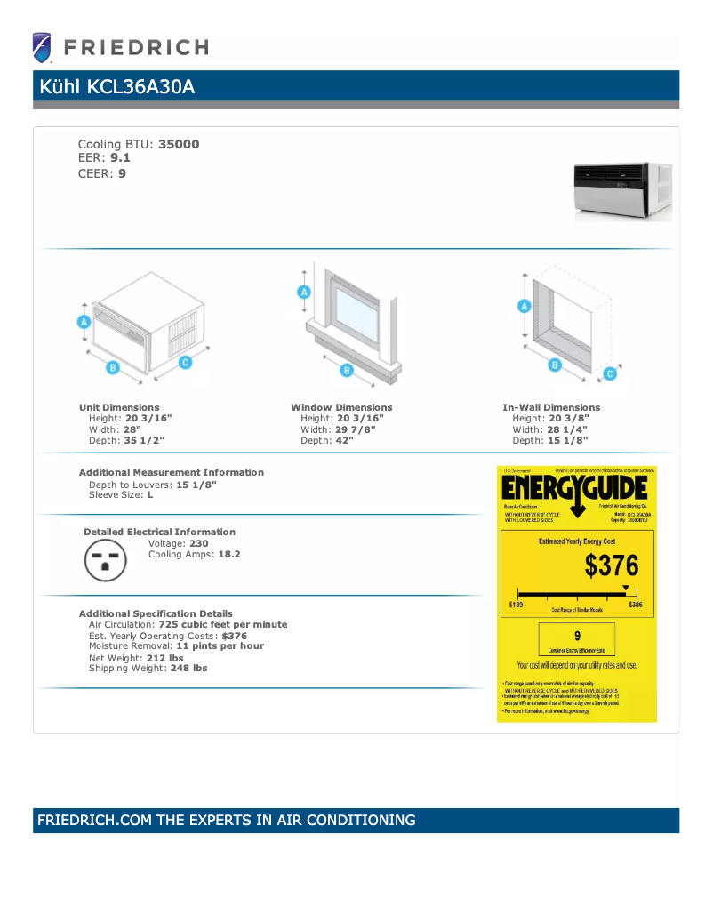 Page 1 de la notice Fiche technique Friedrich KCL36A30A