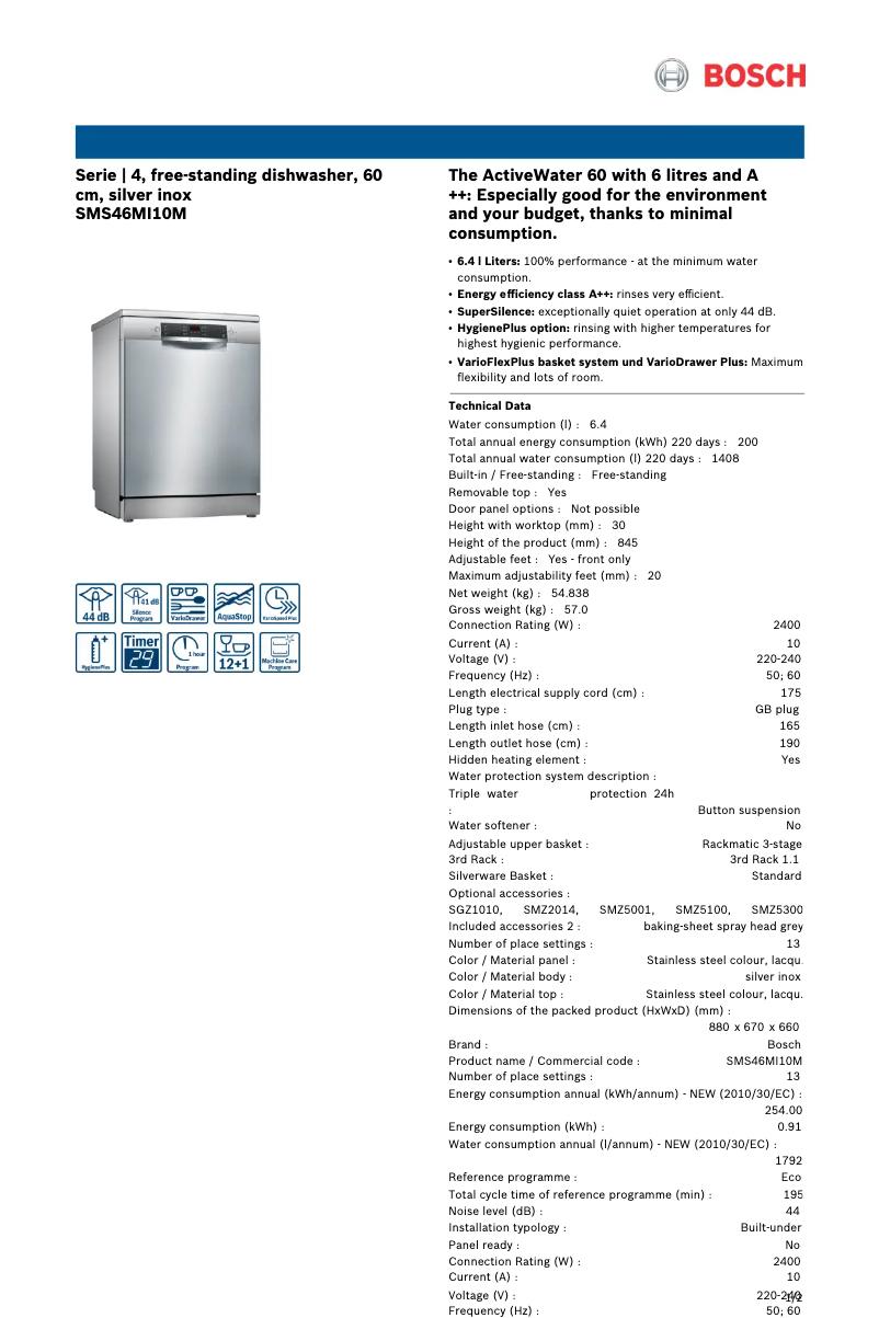 Page n°1 - Fiche technique Bosch SMS46MI10M