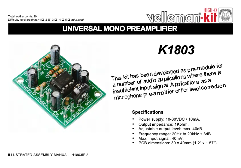 Page n°1 - Mode d'emploi Velleman K1803