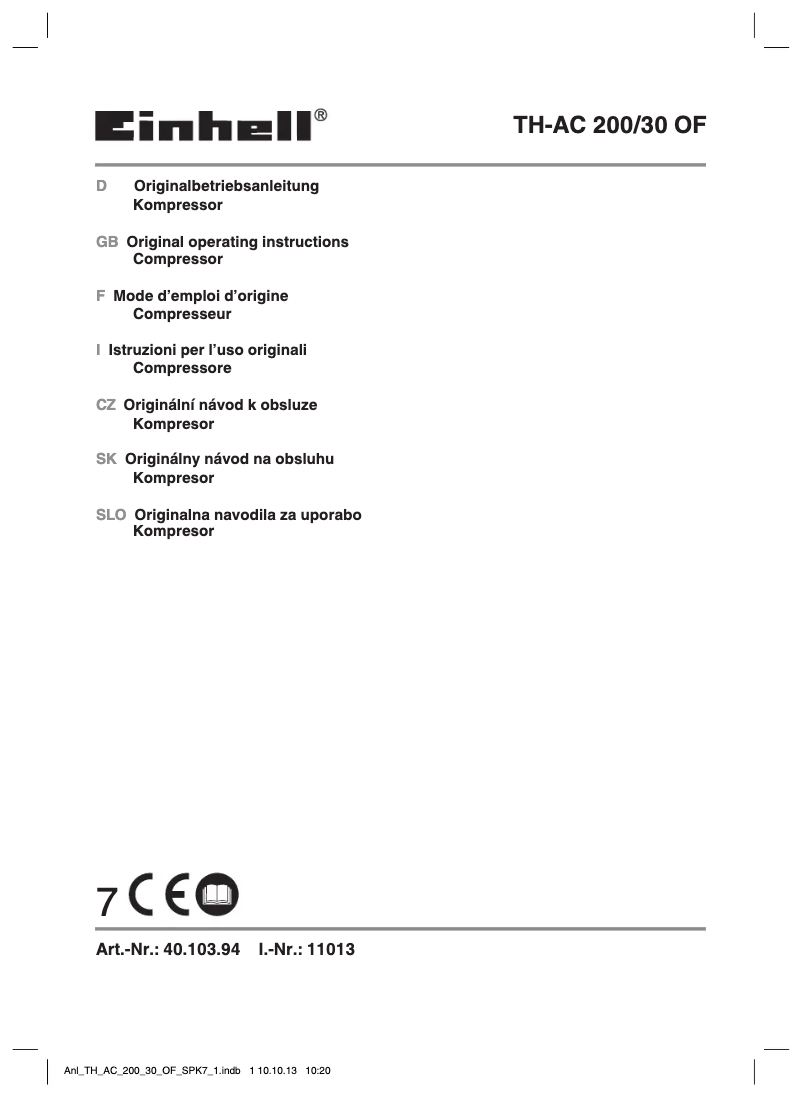 Page 1 de la notice Manuel utilisateur Einhell TH-AC 200/30 OF