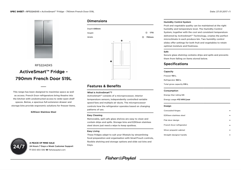 Page 1 de la notice Fiche technique Fisher & Paykel RF522ADX5