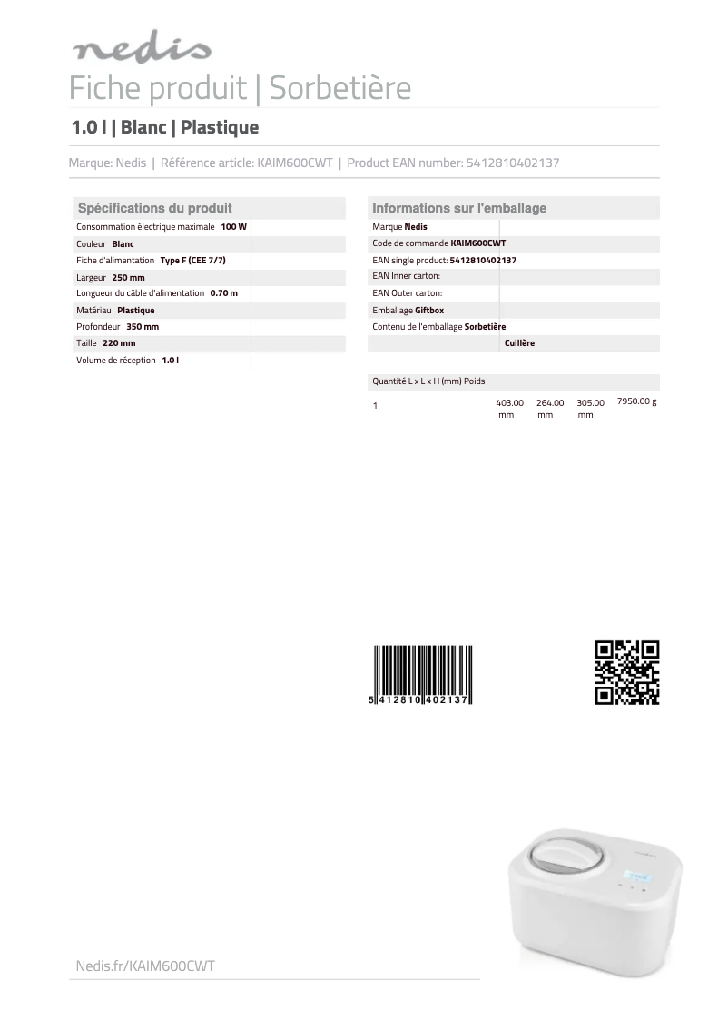 Page 1 de la notice Fiche technique Nedis KAIM600CWT