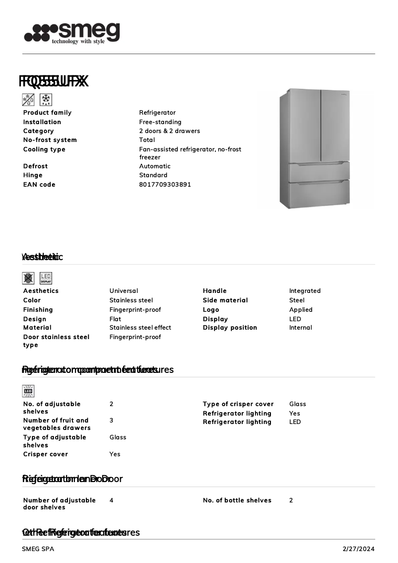 Page 1 de la notice Fiche technique Smeg FQ55UFX