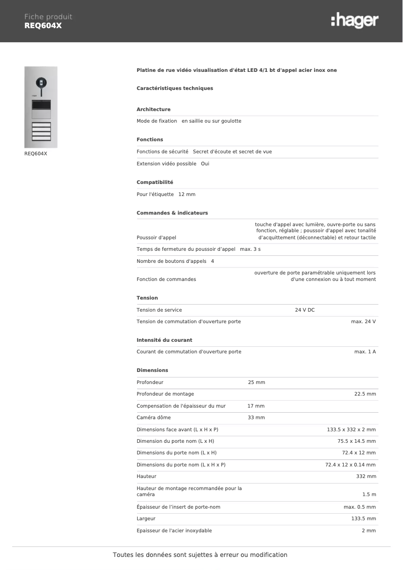 Page n°1 - Fiche technique Hager REQ604X