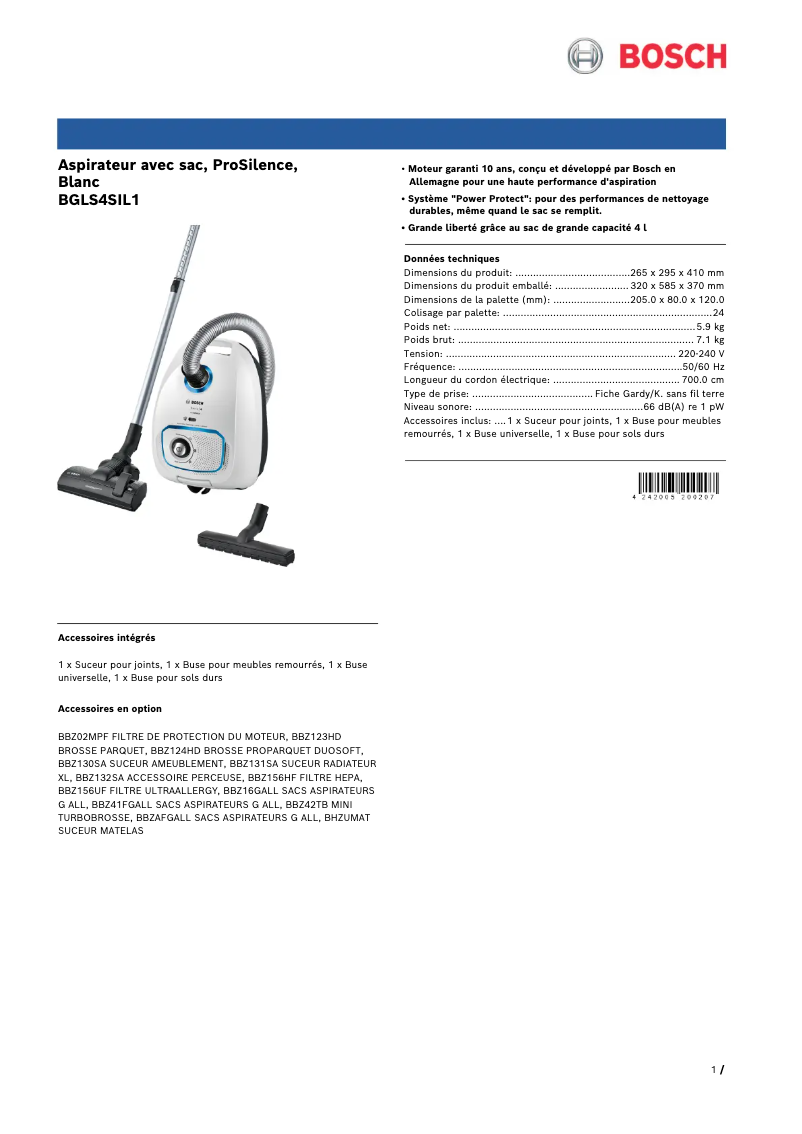 Page 1 de la notice Fiche technique Bosch ProSilence BGLS4SIL1