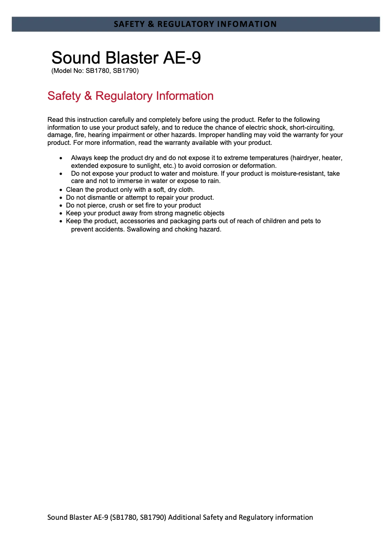 Page 1 de la notice Instructions de sécurité Creative Sound Blaster AE-9