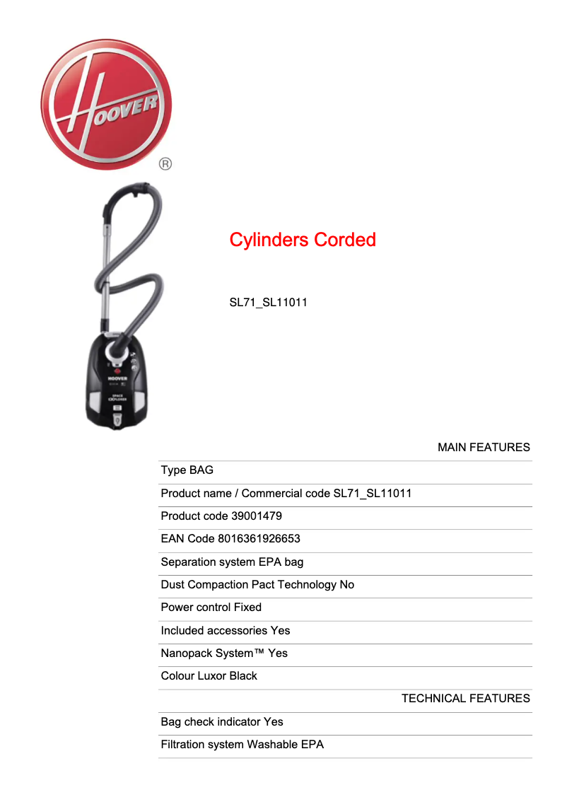 Page 1 de la notice Fiche technique Hoover SL71_SL11011