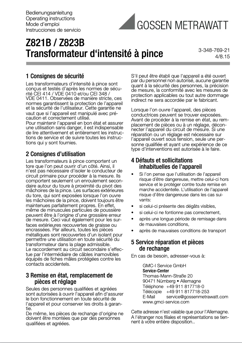 Page 1 de la notice Manuel utilisateur Gossen Metrawatt Z821B