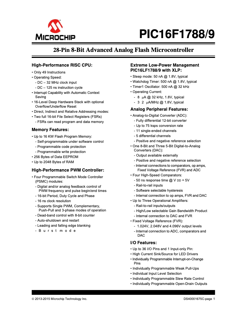 Page 1 de la notice Fiche technique Microchip PIC16F1788
