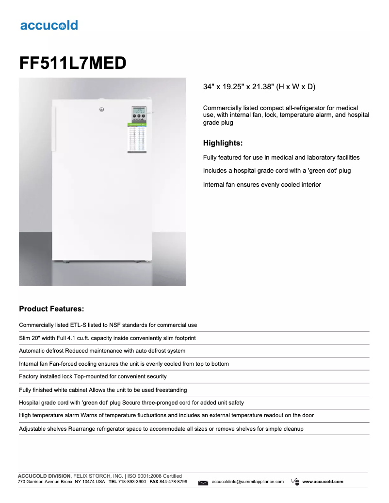 Image de la première page du manuel de l'appareil Accucold FF511L7MED