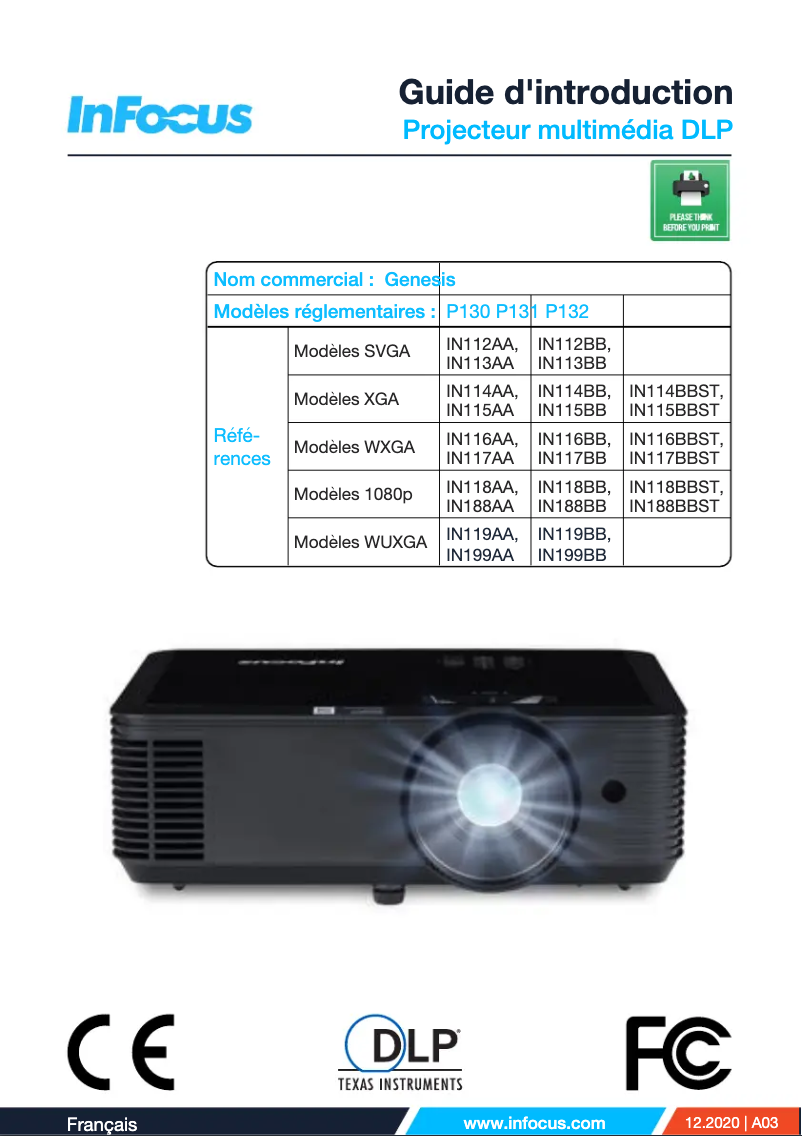 Page 1 de la notice Manuel utilisateur InFocus Genesis IN116BBST