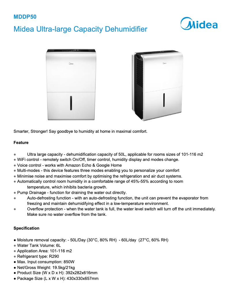 Page 1 de la notice Fiche technique Midea MDDP50