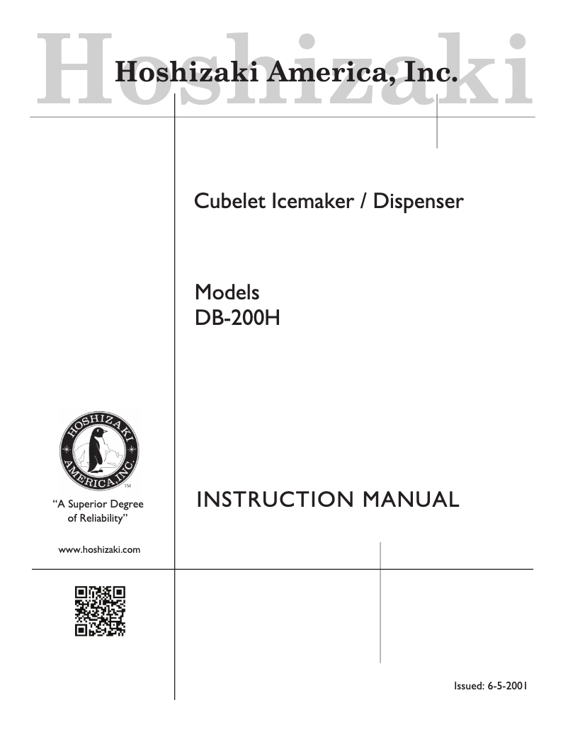 Page 1 de la notice Guide d'installation Hoshizaki DB-200H