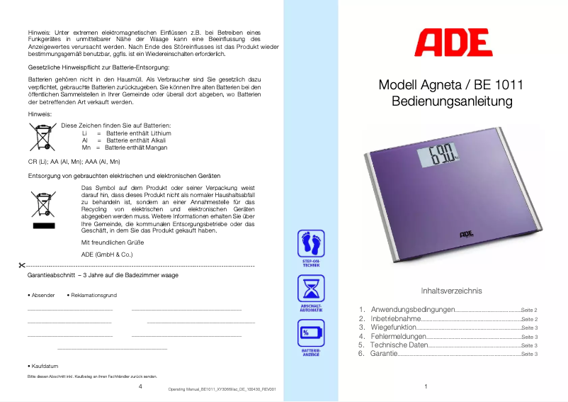 Page n°1 - Manuel utilisateur ADE Agneta BE 1011