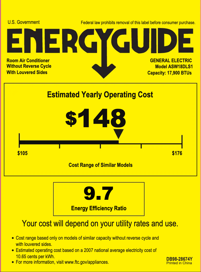 Page 1 de la notice Label énergétique GE ASW18DL