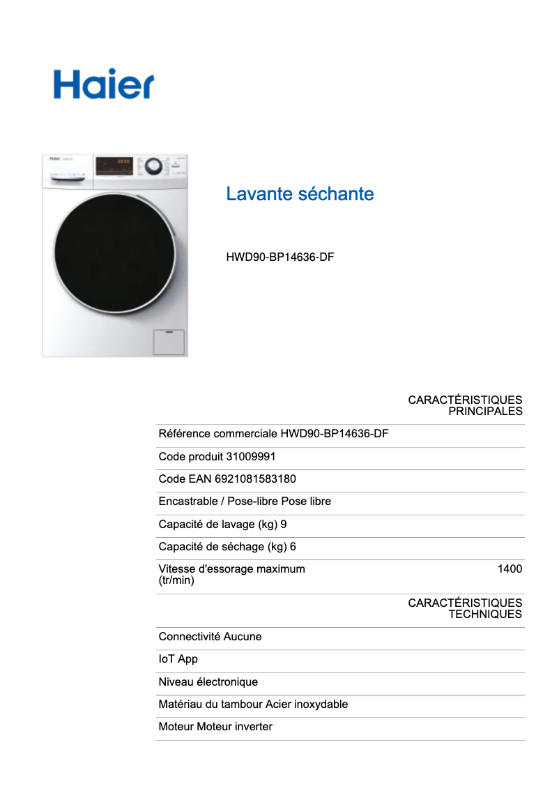 Image de la première page du manuel de l'appareil HWD90-BP14636