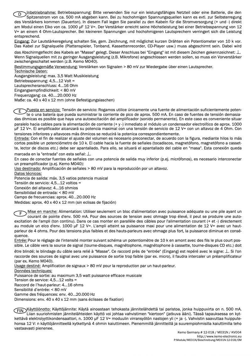 Page 1 de la notice Manuel utilisateur Kemo M031H