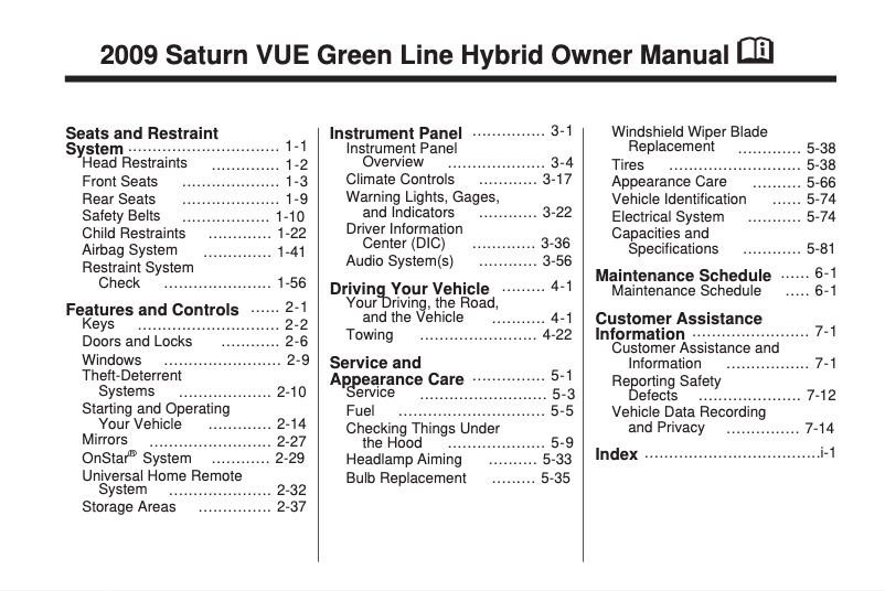 Page 1 de la notice Manuel utilisateur Saturn Vue Green Line Hybrid (2009)
