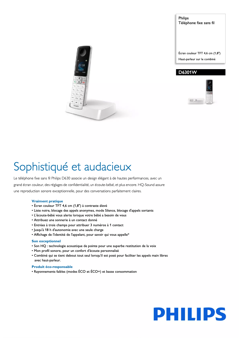 Page 1 of the manual Technical Sheet Philips D6301W