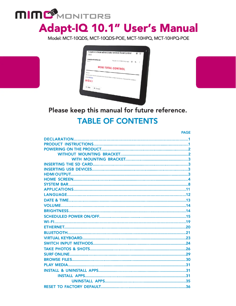 Page 1 de la notice Manuel utilisateur Mimo Monitors Adapt-IQ MCT-10HPQ