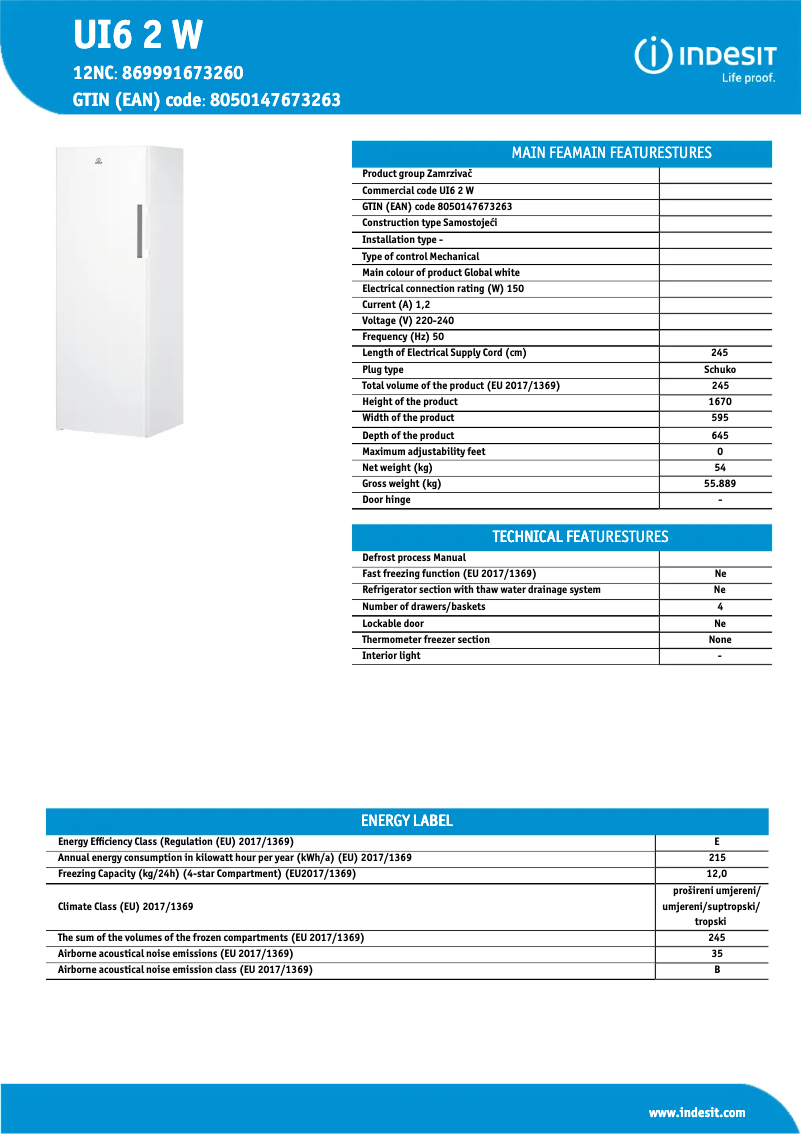 Page 1 de la notice Fiche technique Indesit UI6 2 W