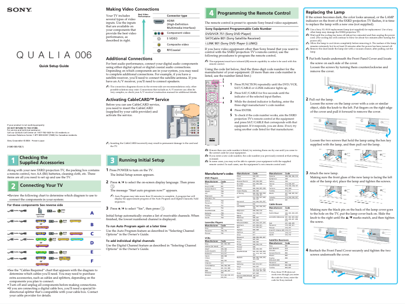 Page n°1 - Guide d'installation Sony KDS-70Q006