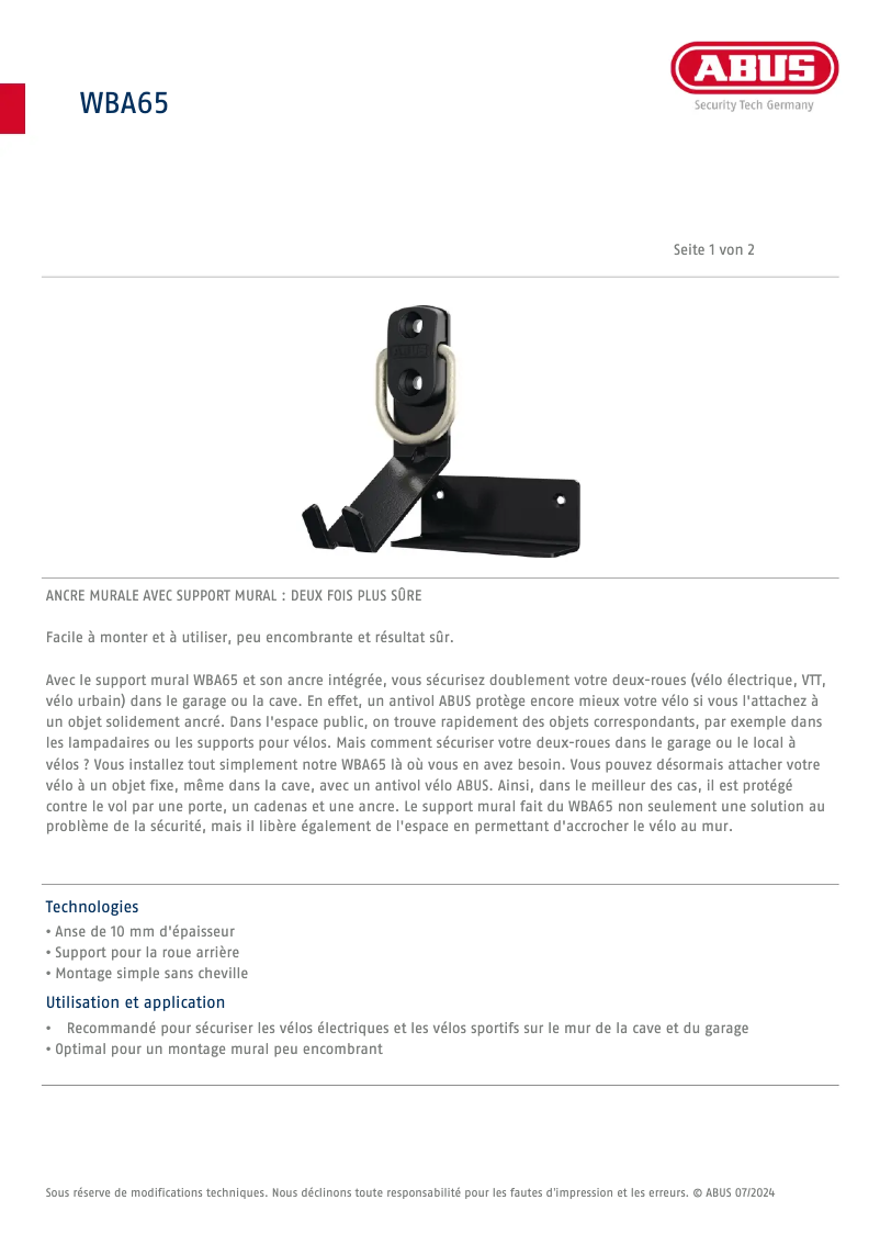 Página 1 del manual Ficha técnica Abus WBA65