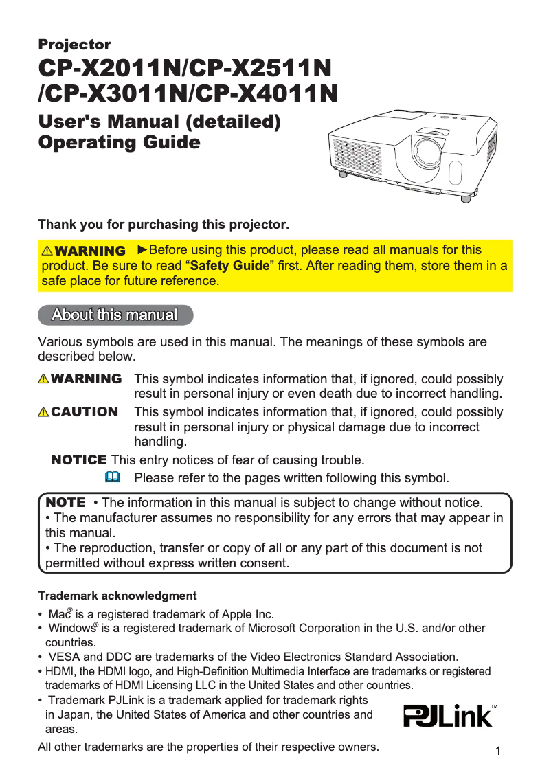 Image de la première page du manuel de l'appareil CP-X3011N