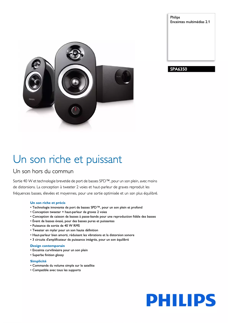 Page 1 de la notice Fiche technique Philips SPA6350