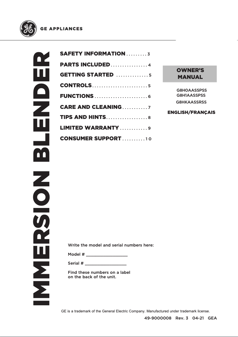 Page 1 de la notice Manuel d'utilisation et d'entretien GE G8H1AASSPSS