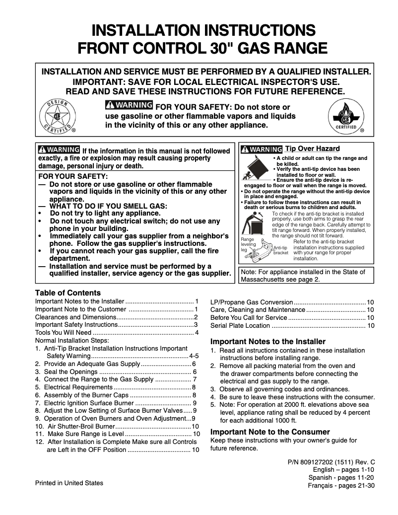 Page n°1 - Guide d'installation Frigidaire FPGH3077RF