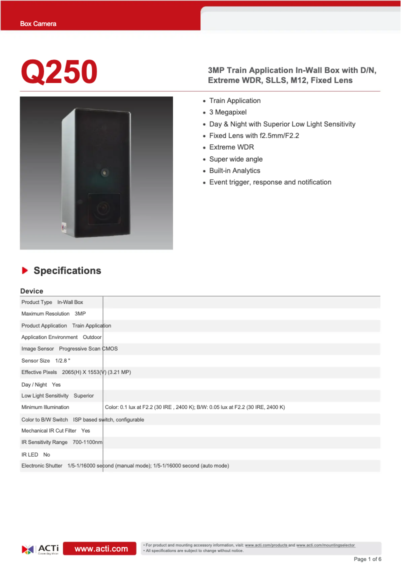 Página 1 del manual Ficha técnica ACTi Q250