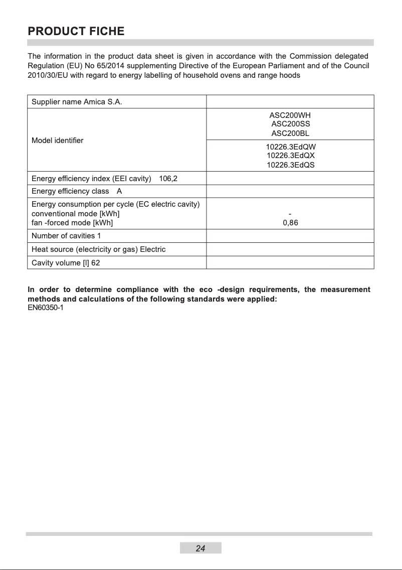 Page 1 de la notice Fiche technique Amica ASC200WH