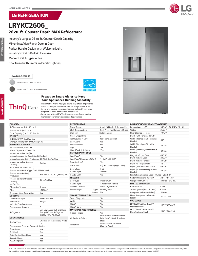 Page 1 de la notice Fiche technique LG LRYKC2606D