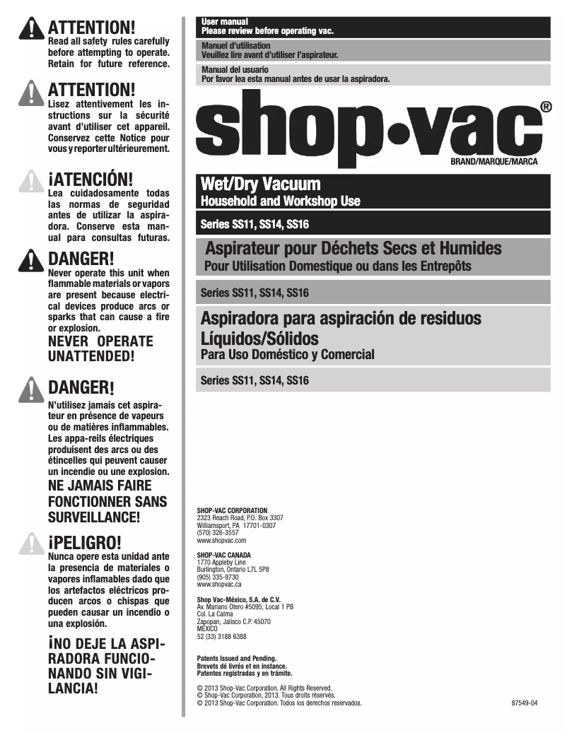 Page 1 de la notice Manuel utilisateur Shop-Vac 5989500