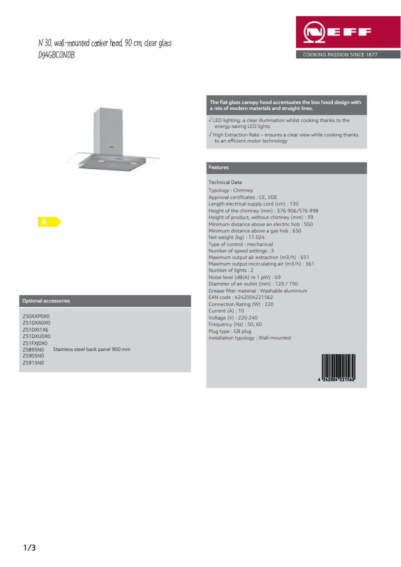 Page 1 de la notice Fiche technique Neff D94GBC0N0B