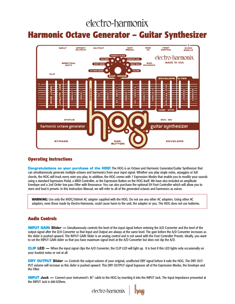 Page n°1 - Manuel utilisateur Electro Harmonix HOG