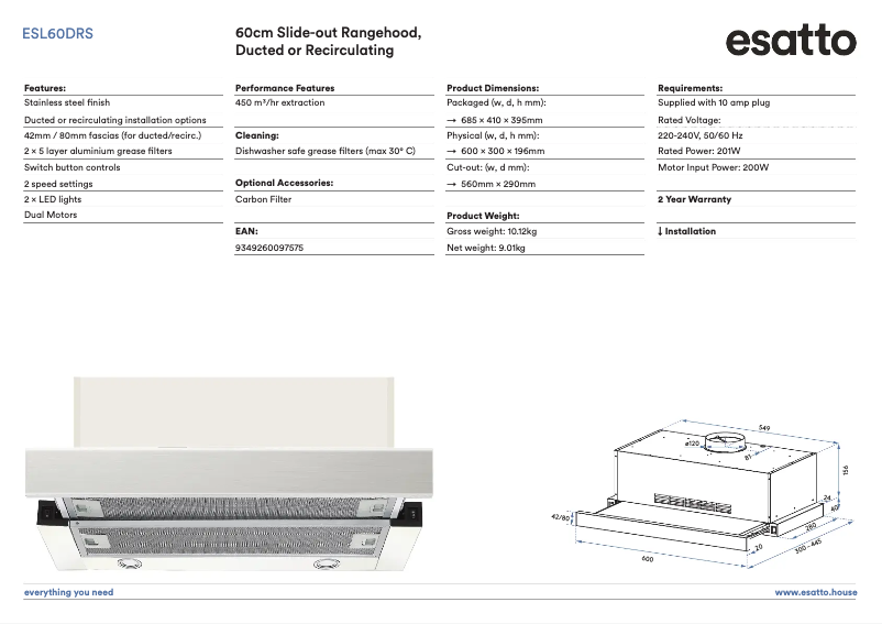 Page 1 de la notice Fiche technique Esatto ESL60DRS