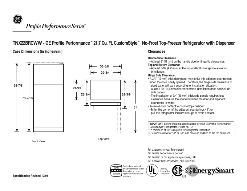 Página 1 del manual Ficha técnica GE Profile Performance TNX22BRCRWW