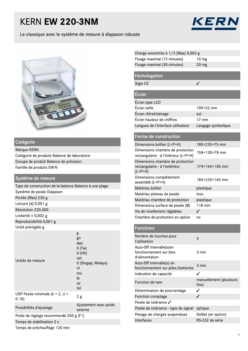 Page 1 de la notice Fiche technique Kern EW 220-3NM