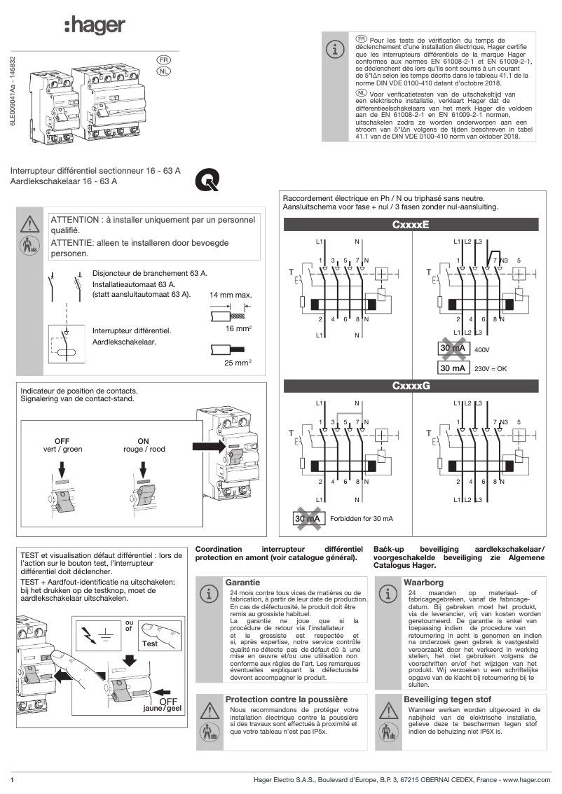 Page n°1 - Guide d'installation Hager CDS263G