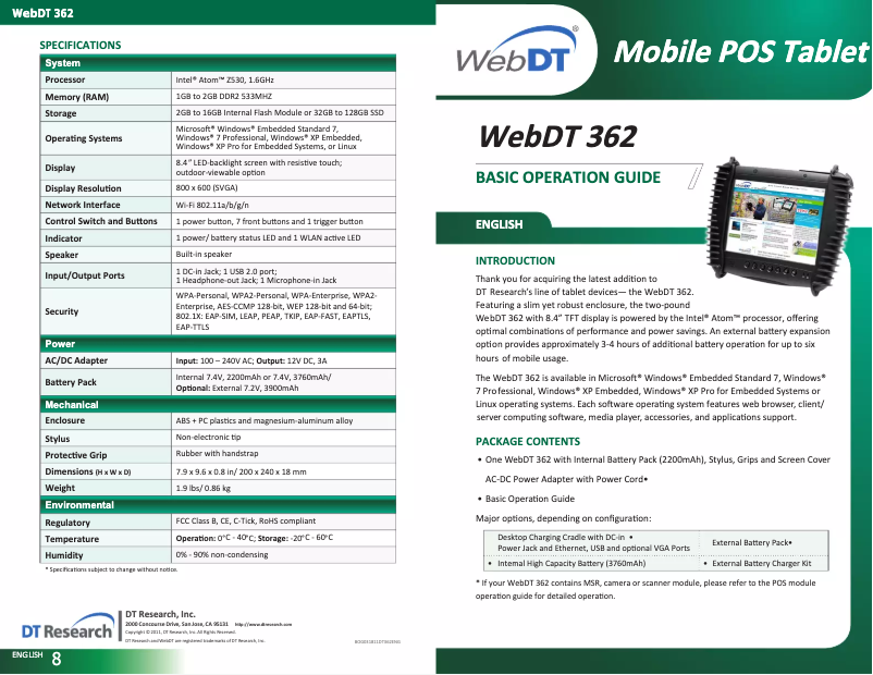 Page n°1 - Manuel utilisateur DT Research WebDT 362