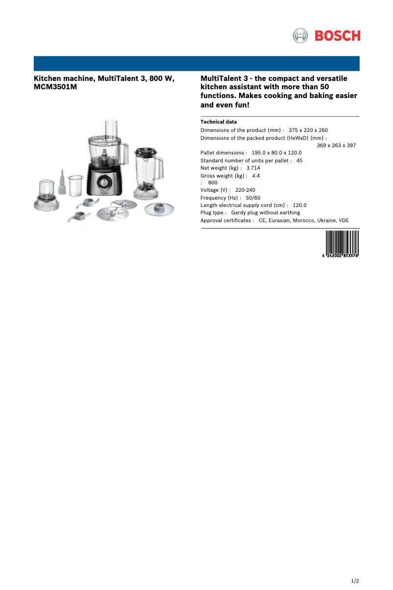 Page n°1 - Fiche technique Bosch MCM3501M