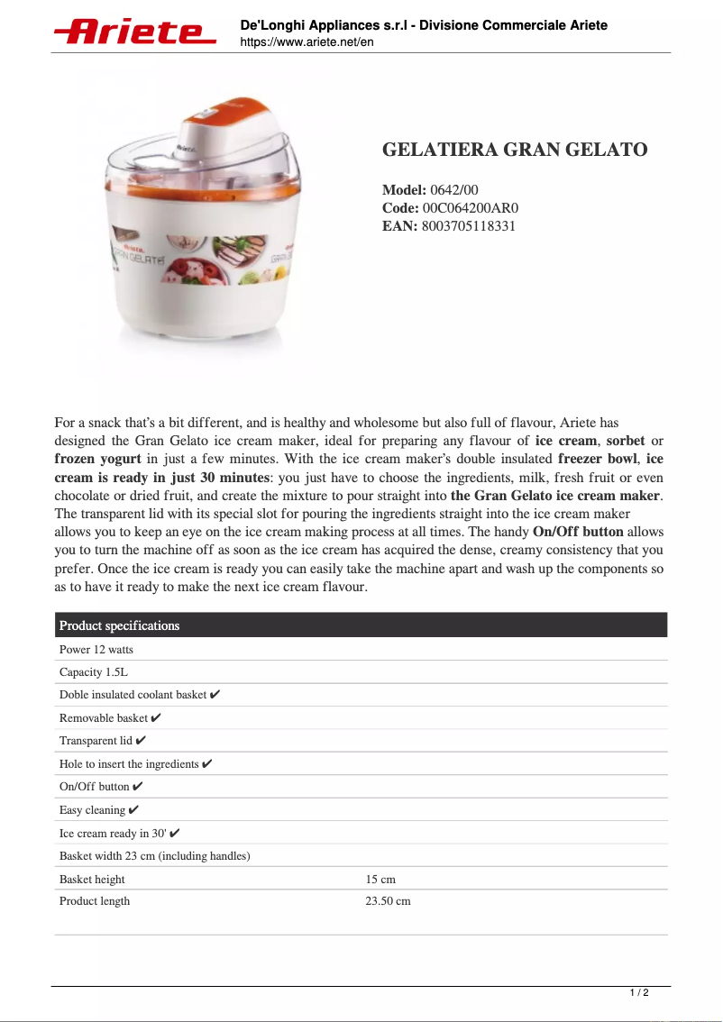 Page n°1 - Fiche technique Ariete Gran Gelato 0642