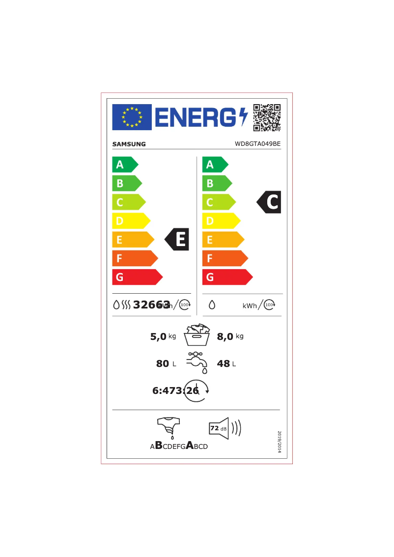 Page n°1 - Label énergétique Samsung WD8GTA049BE